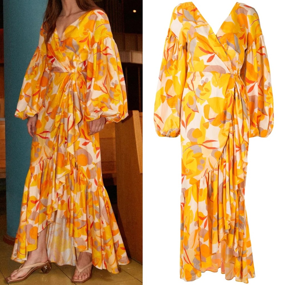 NWT Acler Gallion Yellow Leaf Floral Print Wrap Ruffle Maxi Dress 8